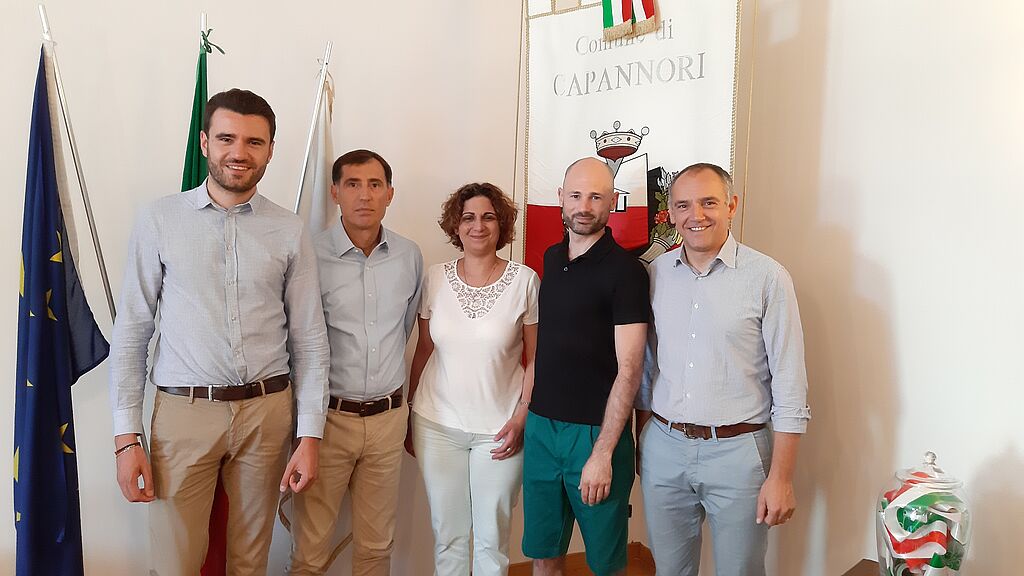 Il sindaco Menesini, l'assessore Del Chiaro e il presidete di Ascit, Gatti, assieme alla delegazione francese